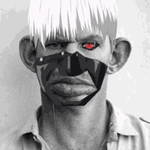 a man wearing a mask with red eyes and white hair