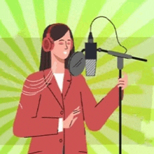 a woman in a suit is singing into a microphone while wearing headphones .