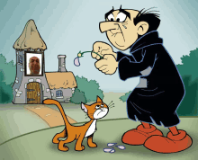 a cartoon of a man and a cat with a picture of a man in a window