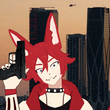 a cartoon character holding a gun in front of a city skyline