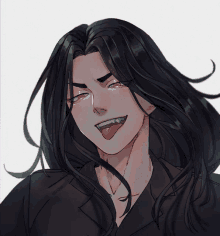 a man with long black hair sticking his tongue out