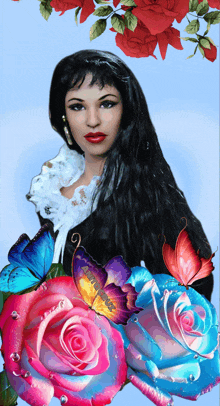 a woman with long black hair is surrounded by pink and blue roses and butterflies ..