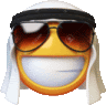 a smiling smiley face wearing sunglasses and a white scarf .