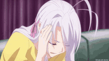 a girl with white hair has her hand on her forehead and the words omake gif anime below her