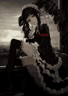 a girl in a black and white dress with red eyes