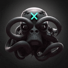 a statue of an octopus with a blue x on its eyes