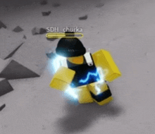 a yellow roblox character with a blue lightning bolt on his chest