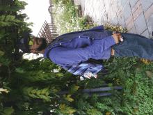 a man wearing sunglasses and a hat is standing in a garden