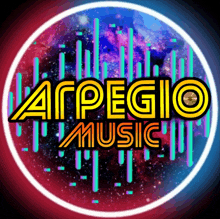 a colorful logo for arpegio music with a galaxy background