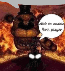 a cartoon of a teddy bear with a speech bubble that says " click to enable flash player "