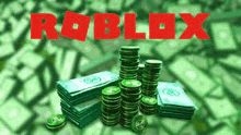 a bunch of money and coins are stacked on top of each other on a green background with the word roblox in red .