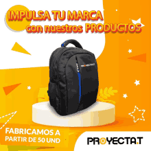 a black backpack with the word proyectat on the front