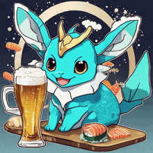 a cartoon drawing of a blue pokemon sitting next to a glass of beer