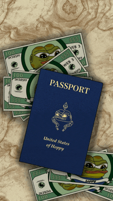 a blue passport from the united states of hoppy is surrounded by money