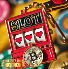 a red slot machine with hearts on it and a gold coin with the letter b on it