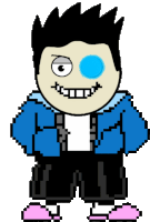 a cartoon character with a blue eye and black hair