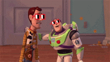 woody and buzz lightyear from toy story wearing 3d sunglasses