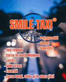 a smilie taxi advertisement with a magnifying glass