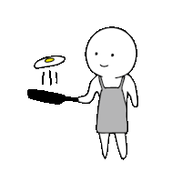 a cartoon of a person in an apron holding a frying pan and a fried egg .