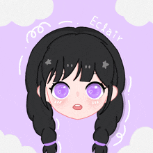 a drawing of a girl with purple eyes and the name eclair below her