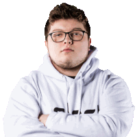 a man wearing glasses and a white hoodie stands with his arms crossed in front of a white background