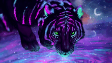 a painting of a tiger with neon green eyes