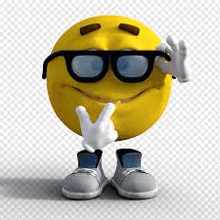 a yellow smiley face with glasses and arms and legs is giving a peace sign .