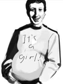 a black and white drawing of a woman wearing a sweater that says it 's a girl