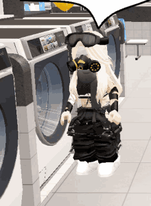 a girl wearing a gas mask and goggles is standing in front of a washing machine that says ' a ' on it