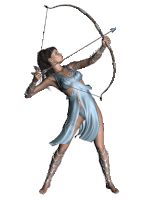 a woman in a blue dress is holding a bow and arrow in her right hand