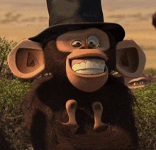 a chimpanzee wearing a top hat with a big smile on its face