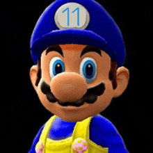 a close up of a cartoon character wearing a blue hat and overalls with the number 11 on it .