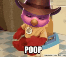 a cartoon bird wearing a cowboy hat is sitting on a toilet with the word poop written on it .