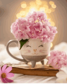 a mug with a cat face and flowers on it