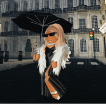 a woman holding an umbrella in front of a building that says prada on it