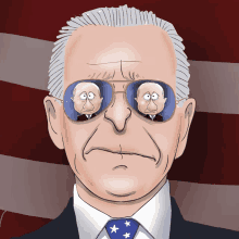 a cartoon of a man wearing sunglasses with a reflection of two presidents