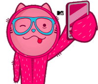 a pink cartoon character is holding a cell phone with a mtv logo behind it