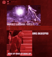 a red background with a picture of a man and the words wake up wake up wake up on it