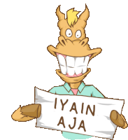 a cartoon horse is holding up a sign that says iyain aja