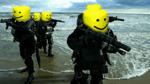 a group of soldiers with yellow smiley faces on their heads holding guns