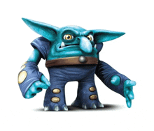 a blue troll with a big nose and sharp teeth is standing on a white background .