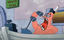 patrick star from spongebob squarepants is talking on a phone in front of a sign that says order here