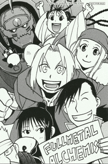 a black and white drawing of the fullmetal alchemist characters