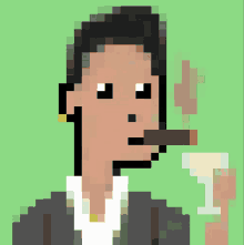 a pixel art of a man smoking a cigar and holding a glass of wine