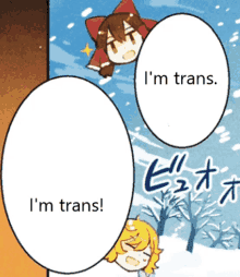 a cartoon character says " i 'm trans " in front of a snowy scene