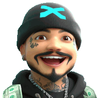 a cartoon character wearing a black beanie with a blue cross on it