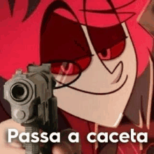 a person is holding a gun in front of a cartoon character with red hair .