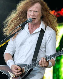 a man with long curly hair singing into a microphone while playing a guitar