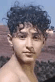 a young man with curly hair is standing in front of a brick wall .