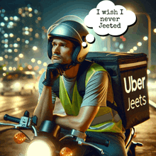 a man is riding a motorcycle with an uber jeets box on the back